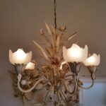 Italian Tole Chandelier – 5-Arm Wheat & Floral Light, Mid Century Hollywood Regency Style