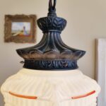 Vintage Pair of Pendant Opaline White Glass Light Lamps Art Deco Ceiling Lamps - Image 8