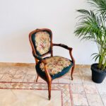 French Tapestry Armchair with Roses – Carved Wood Frame, Shabby Cottage Accent - Image 2