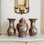 Petrus Regout Maastricht large handpainted thrio Chinese imari style vases set