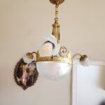 French Brass Pendant Chandelier – 4-Light Vintage Fixture with Ornate Scroll Arms - Image 3