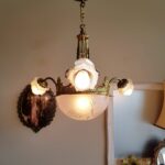 French Brass Pendant Chandelier – 4-Light Vintage Fixture with Ornate Scroll Arms