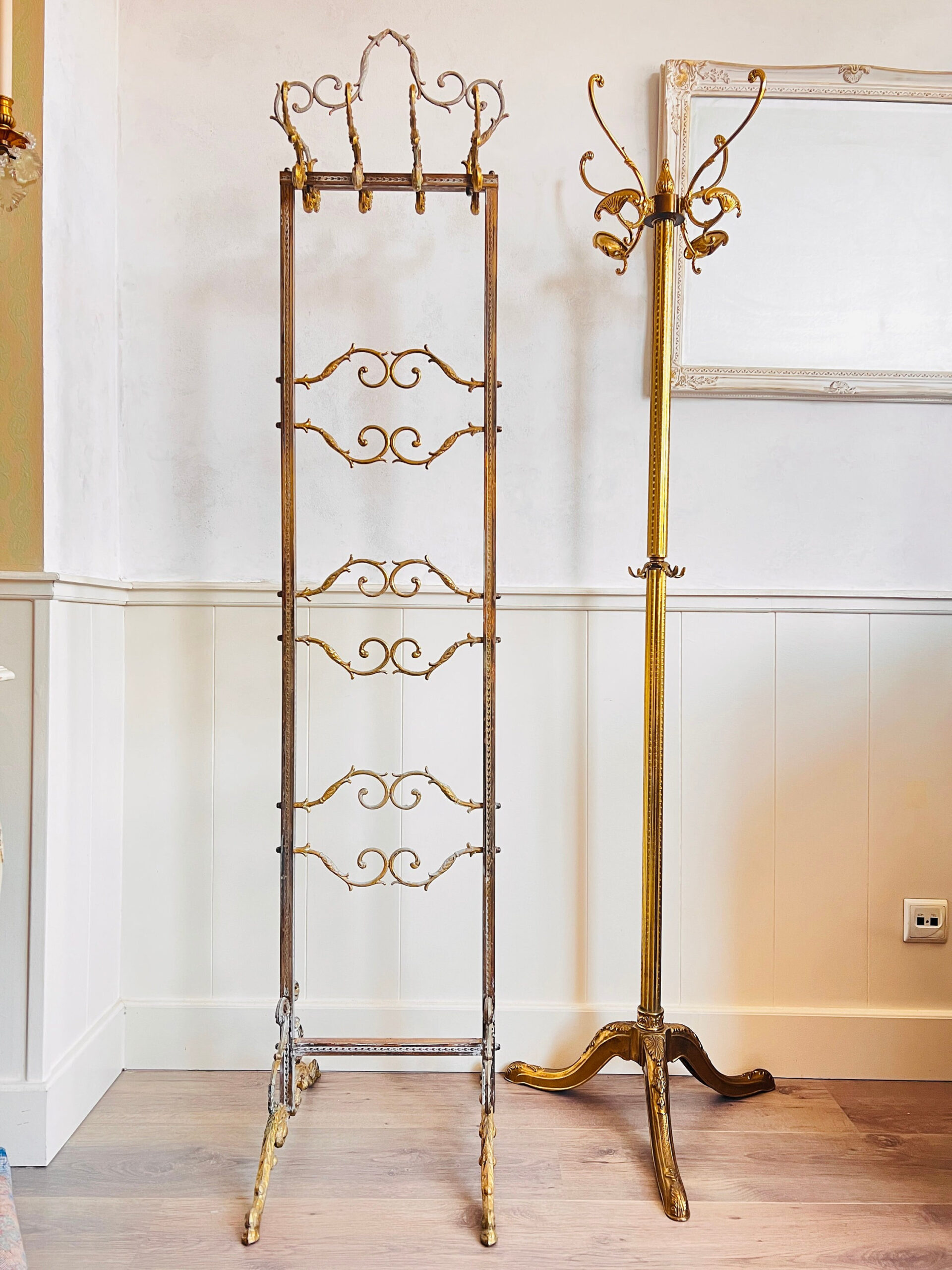 8692d0f8-b8ab-56ff-a66e-1bf7fdc3de58.jpg Unique Double Standing Hall Tree Rack in Hollywood Regency Style 1960s Midcentury Coat Hat Rack Vintage Hall Stands - Image 1