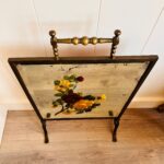 Victorian Brass Fireplace Screen with Beveled Mirror and Hand Painted Floral Motif - Image 2
