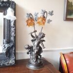 French Cherub Table Lamp – Ornate Gold Statue Lamp with Angels, Vintage Baroque Desk Light