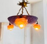 French Crystal Chandelier – Purple Glass Pendant Light, 4 Bulb Fixture, Antique Brass Finish - Image 4
