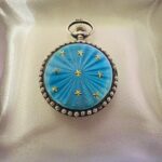 Victorian Ladies Pocket Watch – Blue Enamel, Gold Stars, Silver Case with Pearls