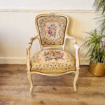 French Louis XV Style Armchair – Gold Gilt Details, Tapestry Upholstery, Circa 1920