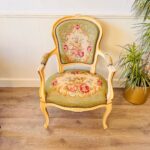 Antique Queen Anne style armchair tapestry with roses