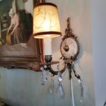 Pair of Bronze Ribbon Wall Sconces with Crystal Drops and Porcelain Medallions - Image 4