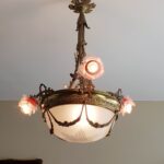 French Art Deco Chandelier: Vianne Frosted Pink Glass, 1930s Lighting