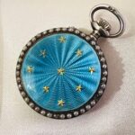 Victorian Ladies Pocket Watch – Blue Enamel, Gold Stars, Silver Case with Pearls - Image 3