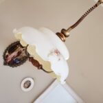 Big Pendant Light Lamp, opaline glass and wood handle, hard to find lull down lamp