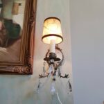Pair of Bronze Ribbon Wall Sconces with Crystal Drops and Porcelain Medallions