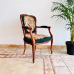 French Tapestry Armchair with Roses – Carved Wood Frame, Shabby Cottage Accent
