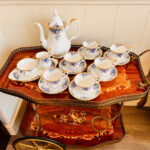 Chic Hollywood Regency Vintage Bar Cart with Italian Marquetry Inlay and Uniq Design