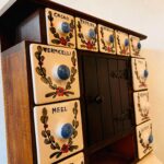 Antique Dutch Wooden Spices Cabinet Blue Ceramic Drawers 1930s Farmers Wall Cabinet Kitchen Country Style Art Deco - Image 4