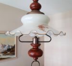 Mid Century Pendant Light – Opaline Glass Globe with Wood Handle, Pull Down Ceiling Lamp