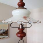 Mid Century Pendant Light – Opaline Glass Globe with Wood Handle, Pull Down Ceiling Lamp
