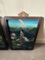 Pair of Lacquered Wood Panels – Geishas and Mountain Landscapes, Midcentury Asian Wall Decor - Image 4