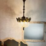 French Crystal Tent Chandelier – Button Style Bag Pendant Light, 5-Arm Brass Frame - Image 4