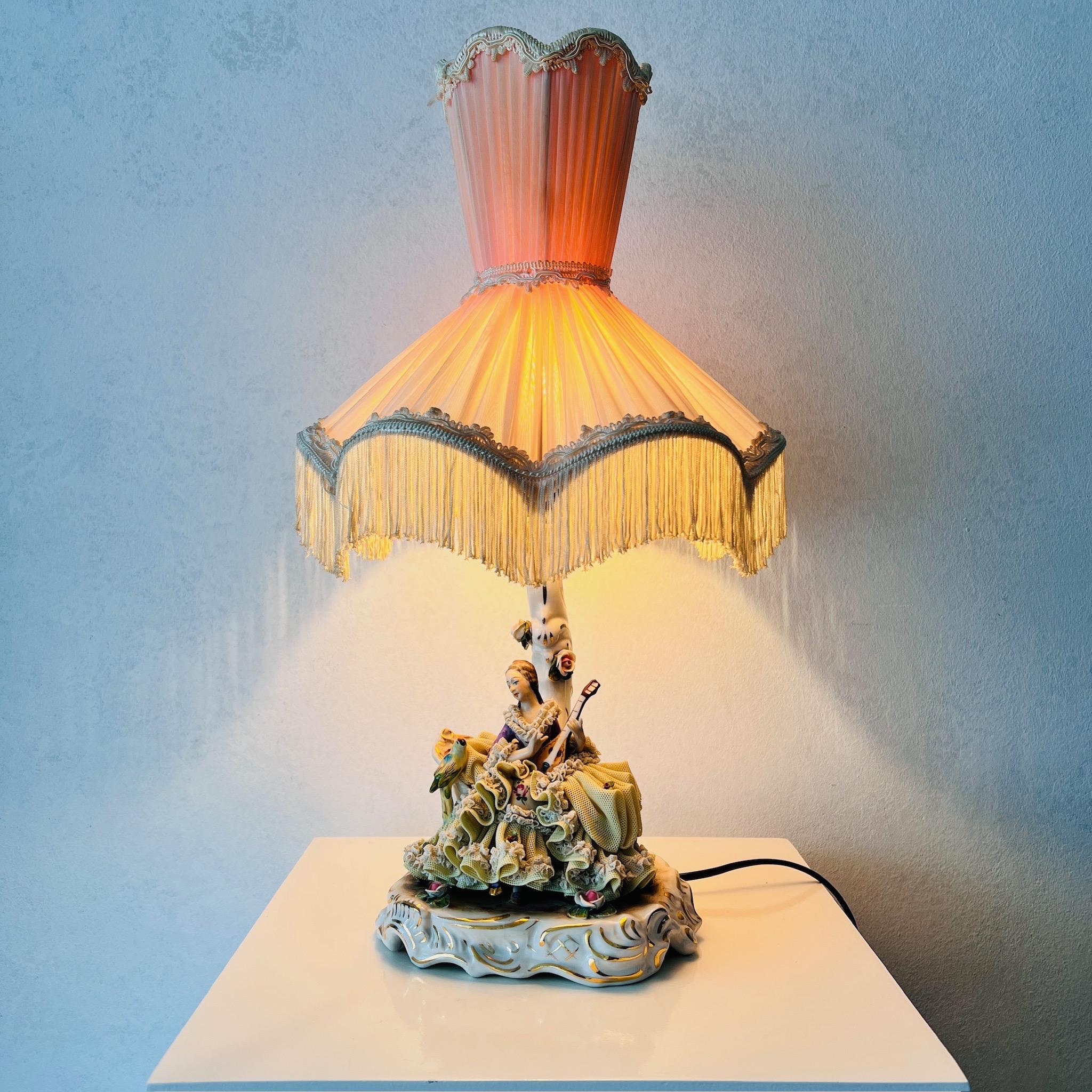 22736e69-088d-5a2f-aae9-3497f7d44ee8.jpg Vintage Porcelain Dresden Lace Lamp – Victorian Style Boudoir Table Light - Image 1