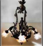 6-Arm Brass Chandelier with Depart de Peche Signed E. Moisant Inspired Lighting - Image 2