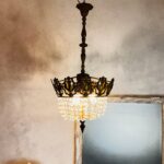 French Crystal Tent Chandelier – Button Style Bag Pendant Light, 5-Arm Brass Frame - Image 5