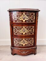 Italian Inlaid Wood Cabinet – 3 Drawers, Brass Pulls, Marquetry Detail - Image 3