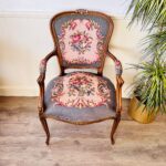 French Tapestry Armchair – Carved Wood Frame, Antique Style Upholstery - Image 2