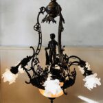 6-Arm Brass Chandelier with Depart de Peche Signed E. Moisant Inspired Lighting