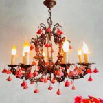 Floral Tole Chandelier – 8 Arm Light Fixture with Pink Roses, Romantic Cottage Style - Image 3