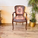 French Tapestry Armchair – Carved Wood Frame, Antique Style Upholstery
