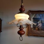 Mid Century Pendant Light – Opaline Glass Globe with Wood Handle, Pull Down Ceiling Lamp - Image 4