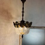French Crystal Tent Chandelier – Button Style Bag Pendant Light, 5-Arm Brass Frame - Image 6