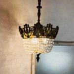 French Crystal Tent Chandelier – Button Style Bag Pendant Light, 5-Arm Brass Frame - Image 3