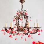 Floral Tole Chandelier – 8 Arm Light Fixture with Pink Roses, Romantic Cottage Style