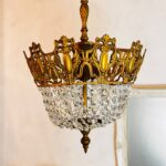 French Crystal Tent Chandelier – Button Style Bag Pendant Light, 5-Arm Brass Frame