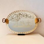 Murano Glass Mirror Tray – Oval Vanity Display, Gilded Filigree Handles, Mid Century Italian Décor