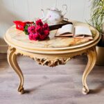 Baroque Marble Coffee Table – Ornate Carved Wood Base, 60s Classic Statement